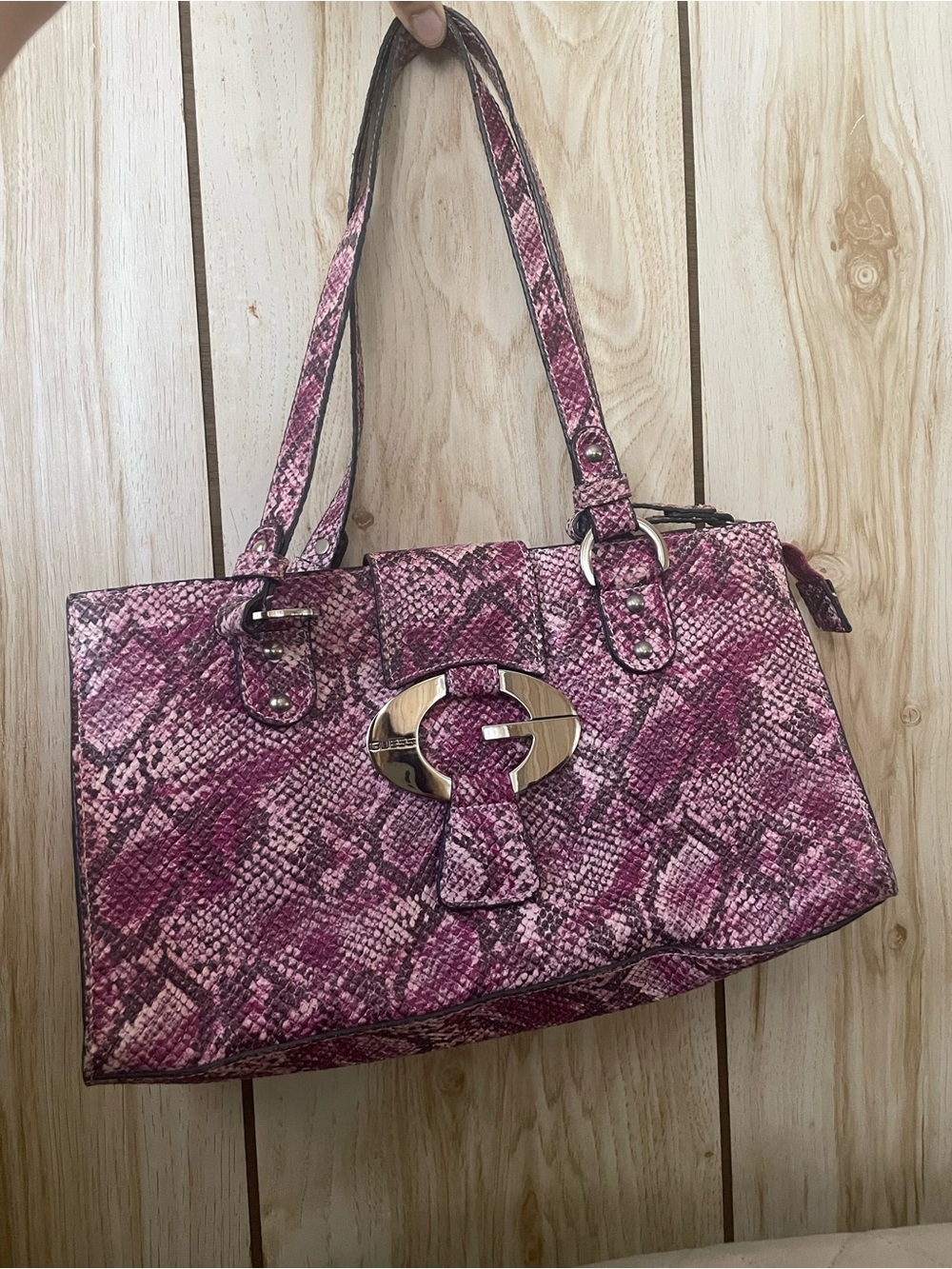 90s vintage G by Guess Pink Snake-Print Tote with Gold Accent